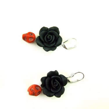 Handmade Polymer Clay Black Flowers and red Skulls Earrings 