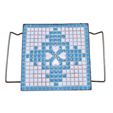 Mid Century Square Tile Mosaic Trivet  Aqua Blue White Metal Base Original M2 