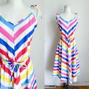 Vintage 1970s Rainbow Chevron Striped Sundress / M 
