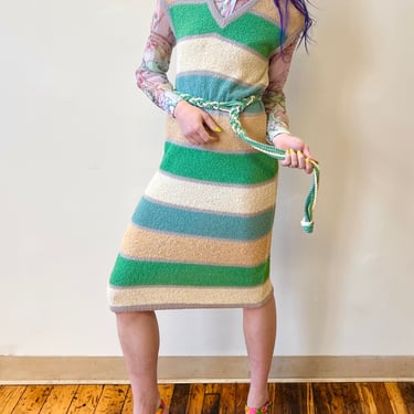 70’s Missoni Knit Colorblock Striped V Neck Sweater Dress Braided Rope Belt