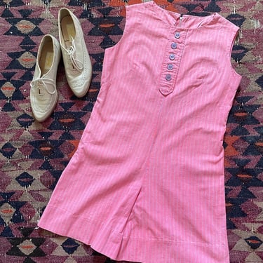 60s/70s purple and pink striped romper, buttons up the front 