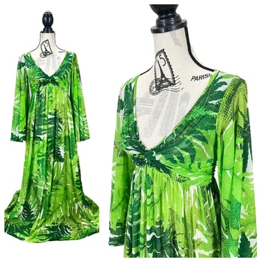 Vintage 70s Robert David Morton Joseph Magnin Green Flora Psychedelic Dress S