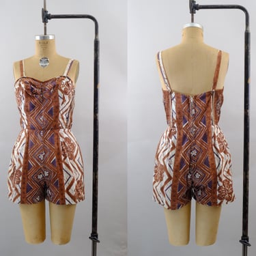 60s Hawaiian Swimsuit – Size Medium  - Tiki, Geometric, Floral Print - One Piece Cotton Playsuit - Made in Hawaii for B. Altman & Co 