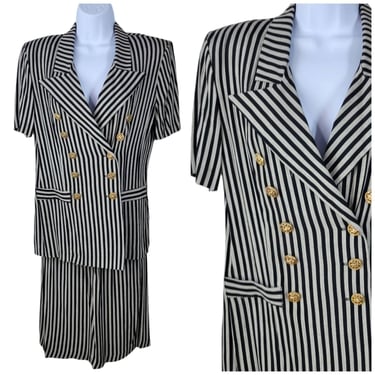 Vtg 80s Skirt Suit Size 6 Petite Blazer Jacket Stripe Alt Grunge Double Breasted 