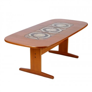 Danish Teak Trestle Dining Table with Tile Inlay