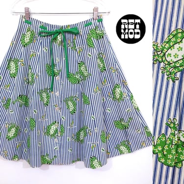 Adorable Vintage 70s 80s Green Frogs and Blue Stripes Mid-Length Skirt 