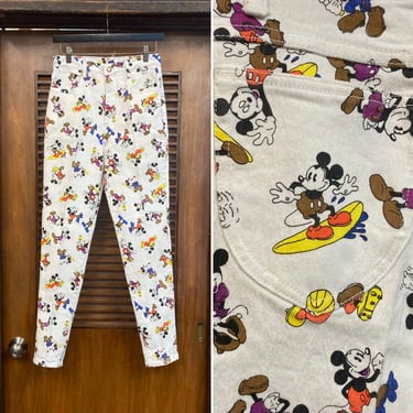 Vintage 1990’s w28 Mickey Mouse Disney Stretch Denim Pop Art Jeans Pants, Skinny Leg Style, 90’s Vintage Clothing 