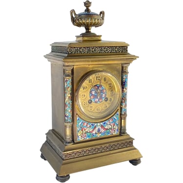 French Samuel Marti Champleve Enamel Gilt Bronze Mantle Clock