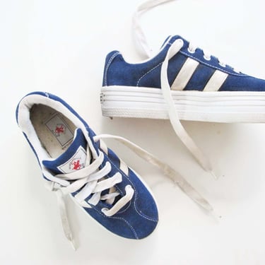 Vintage 2000s Beverly Hills Polo Club Womens Blue Suede Platform Sneaks 7.5 8 - Y2K Reflective Stripe Thick Sole Lace Up Shoes 