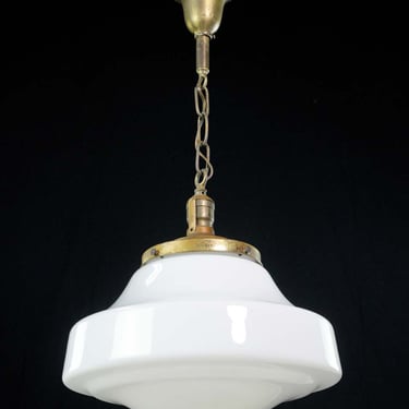 Antique 15 in. Schoolhouse White Milk Glass &#038; Brass Chain Pendant Light