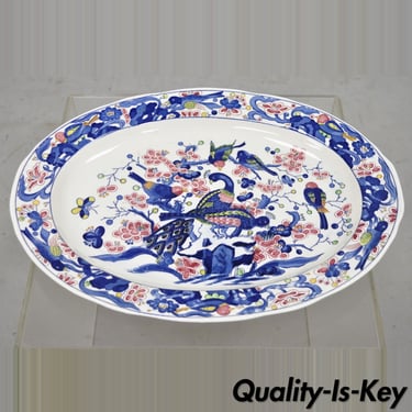 Japanese Blue and White Ceramic Porcelain Bird Scene 18" Oval Platter Dish