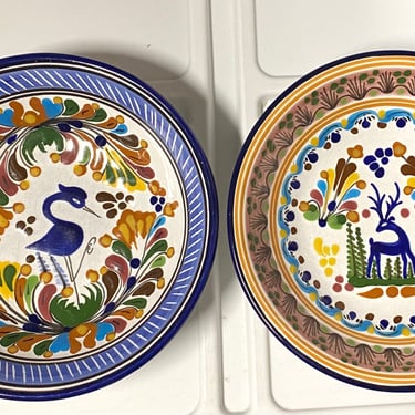 2 Bowls 7” stoneware Beautiful Vintage Signed~ Crane & Deer, Handmade Talavera Mexican Pottery, Wall hanging Folk Art Hand Painted Detail 