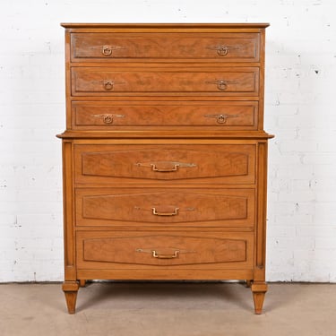 Romweber Mid-Century Hollywood Regency Walnut and Burl Wood Highboy Dresser, Circa 1960s