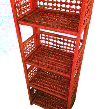 Woven Wicker Étagère – Boho Shelf with Four Tiers &amp; Geometric Circle Motifs