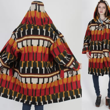 Southwestern Wool Blanket Jacket, Oversized Native American Rancher Coat, Vintage 80's 90's Unisex Hooded Duster 
