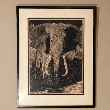 Art Deco Woodcut Print of Bull Elephant - Mystery Artist - Rare - Large 