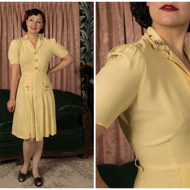 1930s Dress -  Darling Vintage Late 30s Puffed Sleeve Day Dress in Butter Yellow with Polychrome Embroidered Accents 