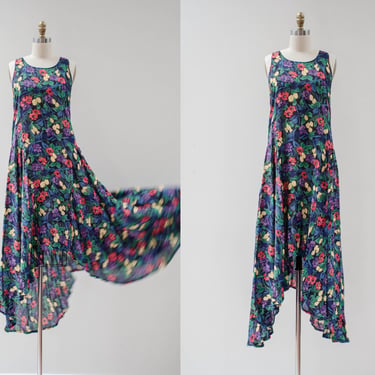 Norma Kamali dress | 80s 90s vintage designer rainbow floral chiffon avant garde loose oversized sleeveless maxi dress 