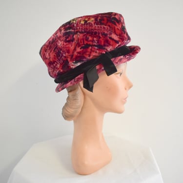 1960s Berry Red and Black Printed Velvet Hat 