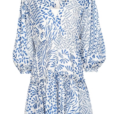 Alexis - Off-White &amp; Blue Abstract Print Linen Mini Dress Sz L