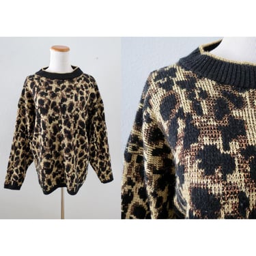 Vintage Leopard Print Sweater - 80s Sparkly Pullover Animal Print Lurex Jumper - Size Large 