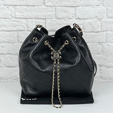 Chanel 19S Calfskin Stitched Drawstring Bag, Black