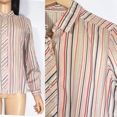 Vintage 70s Khaki Striped Blouse Size S/M 