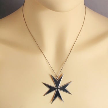 Vintage Siam Sterling Silver Black Maltese Cross Pendant - Circa 1950s or 1960s Niello Ware Cross Pattée Necklace 