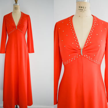 1970s Orange-Red Knit Maxi Dress with Rhinestones 