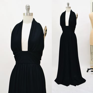 70s Vintage Black Halter Dress Mr Boots XS Small 70s Party long Black Halter Neck Dress 70s Disco Long Black Knit  Plunging neckline Dress 