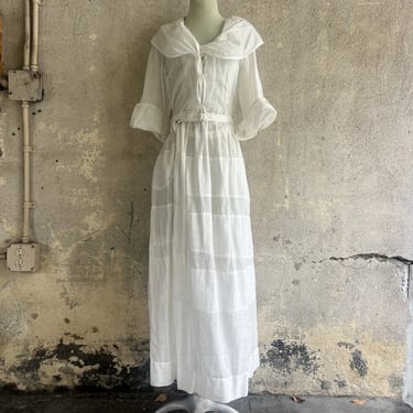 Antique Edwardian White Cotton & Net Tea Dress  Full Length Sheer Stripe Vintage