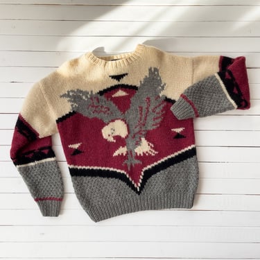 Woolrich wool sweater 80s 90s vintage bald eagle cream red gray sweater 