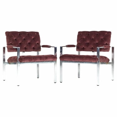 Milo Baughman for Thayer Coggin Chrome Tufted Arm Chairs - Pair - mcm 