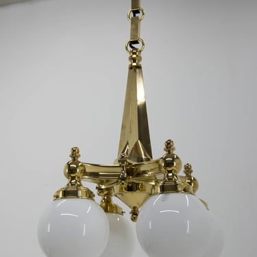 Art Deco Brass 4-Flamming Chandelier, 1920s, Restored 