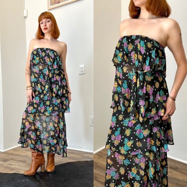 Vintage 1970s Dress / 70s Floral Print Top and Skirt Set / Black Purple Blue ( XS S ) 