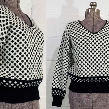 Vintage Polka Dot Long Sleeve Sweater V Neck Liz Claiborne Jumper Black White Geometric Small Medium 1990s 