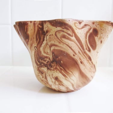 Vintage Brown Marble Swirl Wavy Pottery Dish - 1970s Small Ring Jewelry Coin Catchall - Bohemian Home Decor - Best Friend Gift 