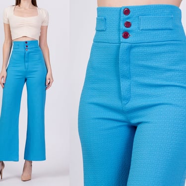 70s Bright Blue Super High Waisted Pants - XS to Small, 23"-26" | Retro Vintage Kick Flare Textured Polyester Trousers 
