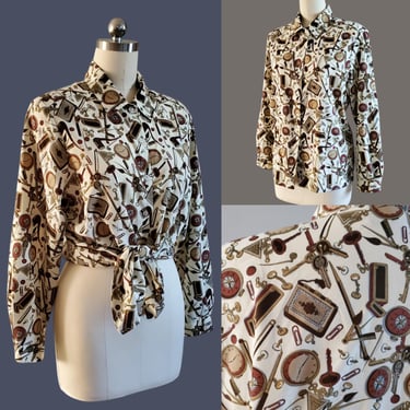 1970s Blouse with Vintage Accessories Print- 70s Blouse - 70s Women's Vintage Size 1XL 