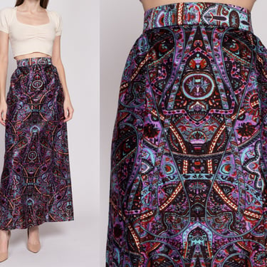 Medium 70s Psychedelic Maxi Skirt 29" | Vintage Boho Purple Abstract Print Felt High Waisted A Line Skirt 
