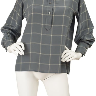 Valentino 1970s Vintage Plaid Slate Gray Silk Balloon Sleeve Blouse 