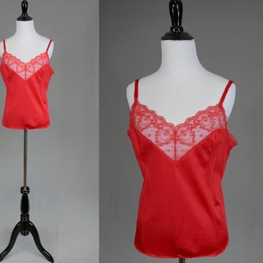 80s Bright Red Camisole - Lace Trim - Nylon Cami Blouse Slip - Kayser - Vintage 1980s - Size 38 M 