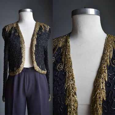 Vintage Black and Gold Silk Beaded Shrug / 1960s Silk Beaded Evening Jacket / 1980s Cropped Black and Gold Evening Jacket / 80s Shrug Jacket 