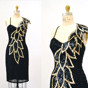 80s 90s Prom Dress Metallic Black Beaded Party Dress XS Small Black Gold Sequin party dress 90s beaded dress gold sequin leavesLillie Rubin 