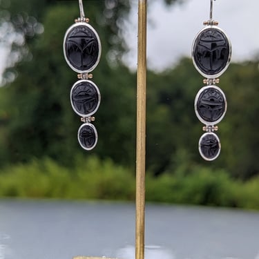 Ready-to-ship: Graduated Onyx Scarab Earrings in Silver with 14k Rose Gold Accents 
