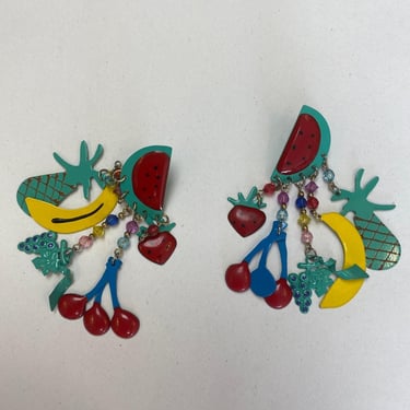 vintage 1980s dangling fruit earrings novelty jewelry statement chandelier huge 
