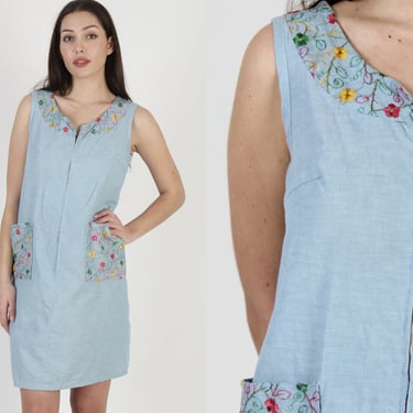 Hand Embroidered Zip Up Denim Chambray Mini Dress With Pockets 