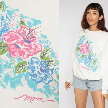 Mom Sweatshirt 80s MOM Floral Print White Raglan Crewneck Pullover Sweatshirt 90s Vintage Gift Shirt Graphic Mama Top Extra Large XL 