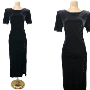 VINTAGE 80s Black and Green Stretch Velvet Wiggle Dress by Nina Piccalino | 80s Curvy Front Slit Bombshell Party Dress | VFG 