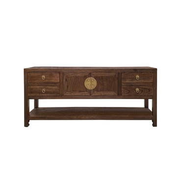 Chinese Oriental Brown Stain Low TV Console Moon Face Table Cabinet cs7572E 